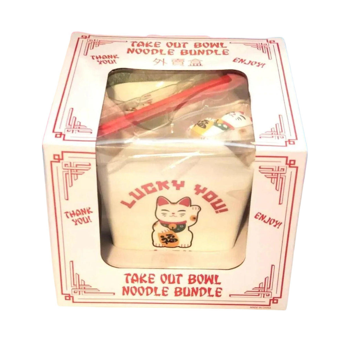 Lucky Cat You, Takeout Box Style Ceramic Bowl With Chopsticks 18 oz Square Box