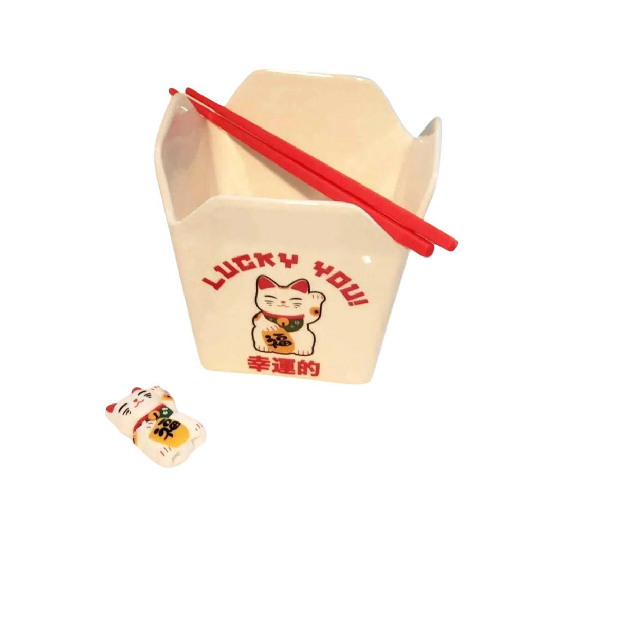 Lucky Cat You, Takeout Box Style Ceramic Bowl With Chopsticks 18 oz Square Box