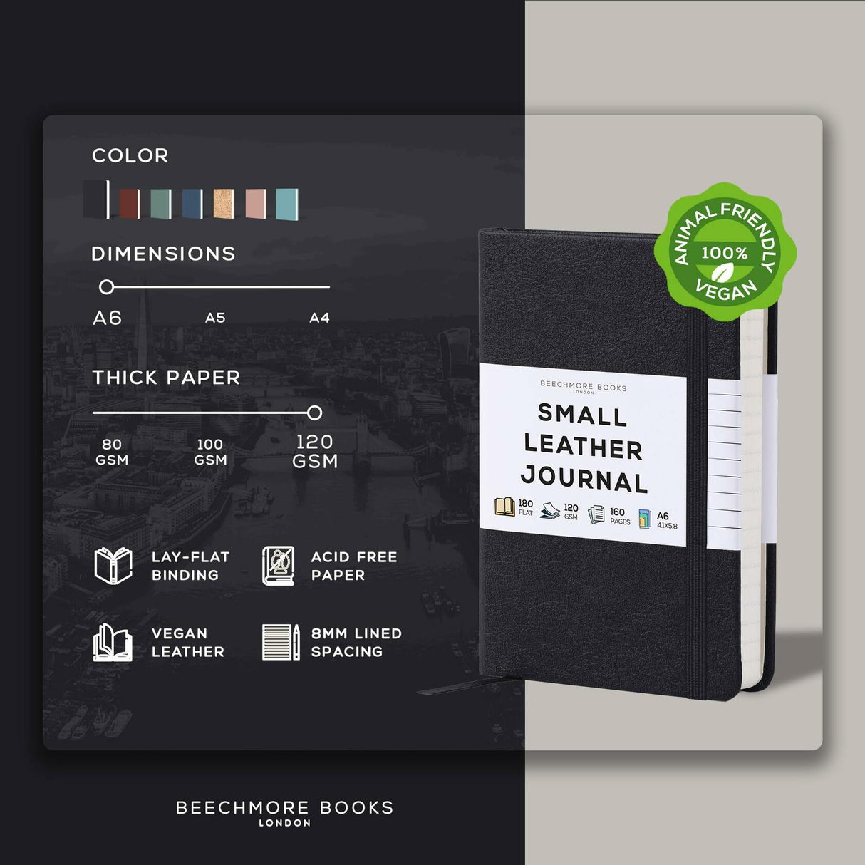 BEECHMORE BOOKS Lined Vegan Leather Journal Notebook - Charcoal Black BEECHMORE BOOKS