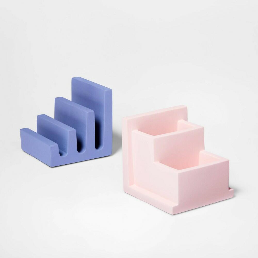 Concrete Bookends from Threshold — Sturdy L-shaped Art Deco Pink & Blue Bookends