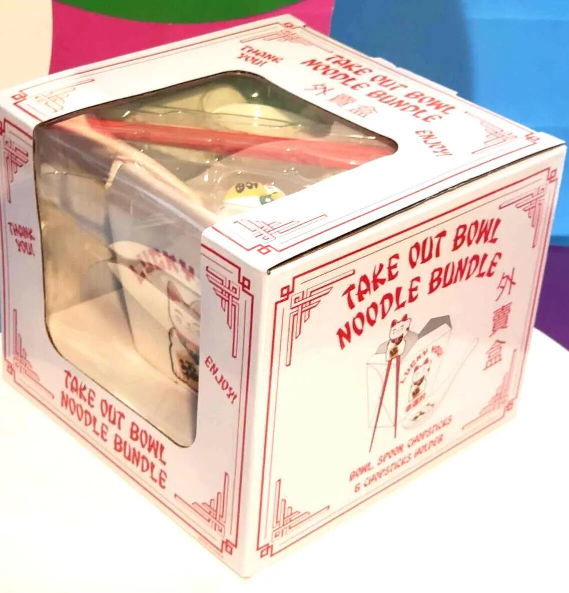 Lucky Cat You, Takeout Box Style Ceramic Bowl With Chopsticks 18 oz Square Box