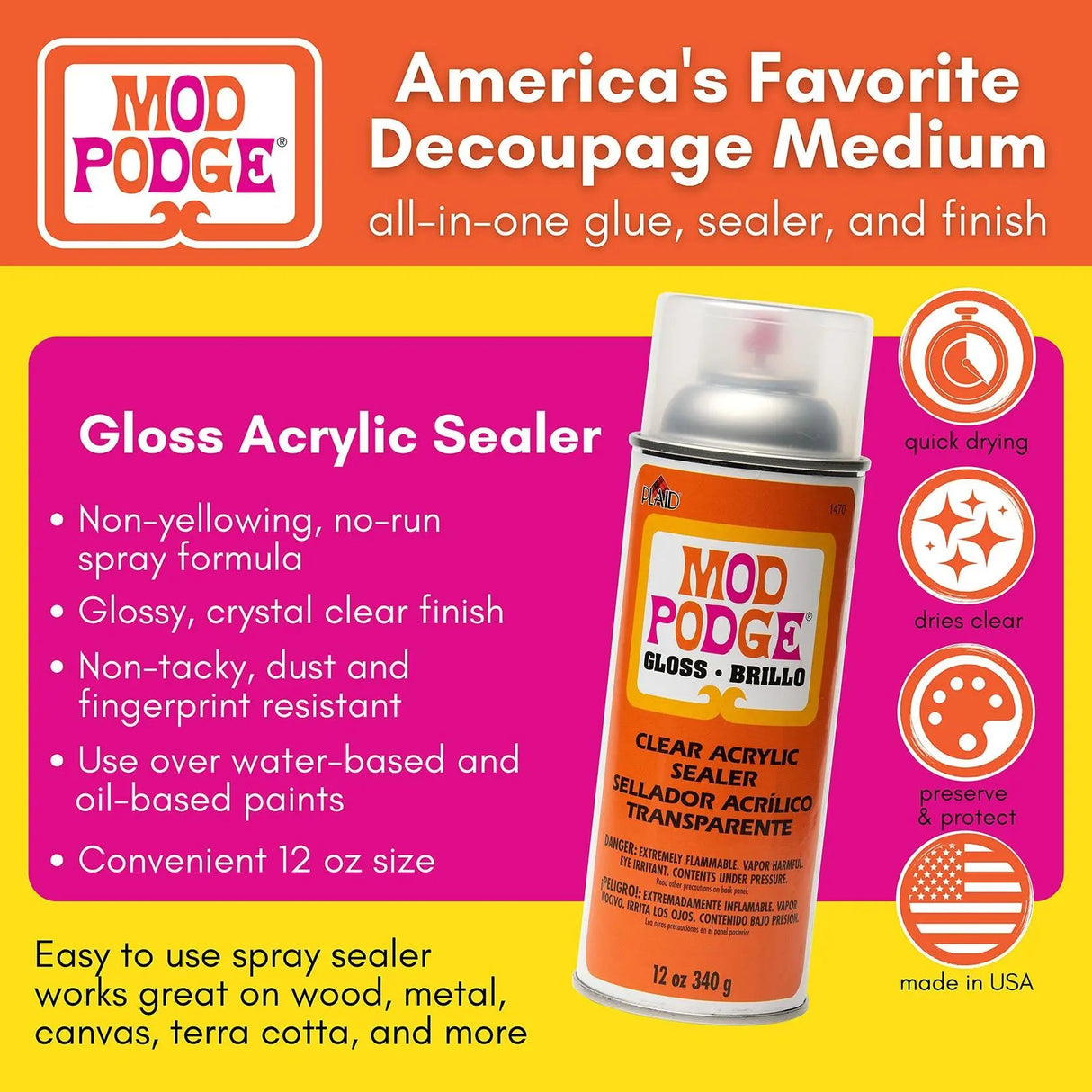 Mod Podge Spray Acrylic Sealer that is Specifically Formulated to Seal Craft Projects, Dries Crystal Clear is Non-Yellowing No-Run and Quick Drying, 12 ounce, Gloss