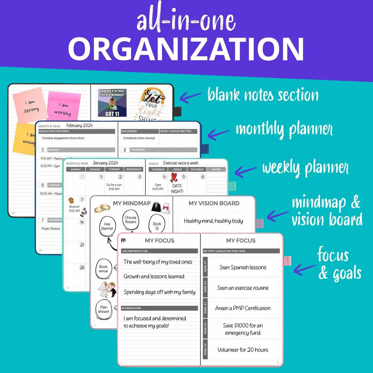 Undated Leather Planner Daily, Weekly & Monthly Organizer | Stylish 8.25" x 5.75" Agenda Book with Pen Holder | No-Bleed Thick Paper | To-Do Lists & Goal Planner for Work, School & Life