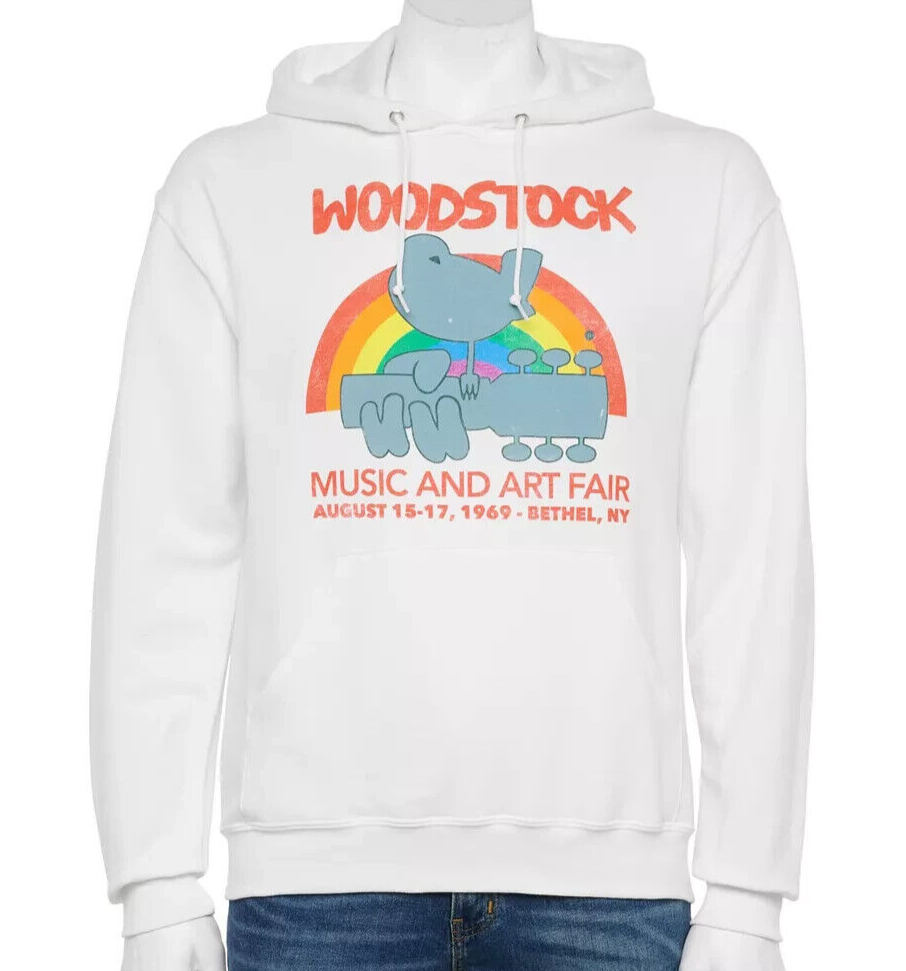 White hoodie with Woodstock graphic design on a white background