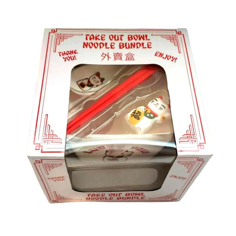 Lucky Cat You, Takeout Box Style Ceramic Bowl With Chopsticks 18 oz Square Box