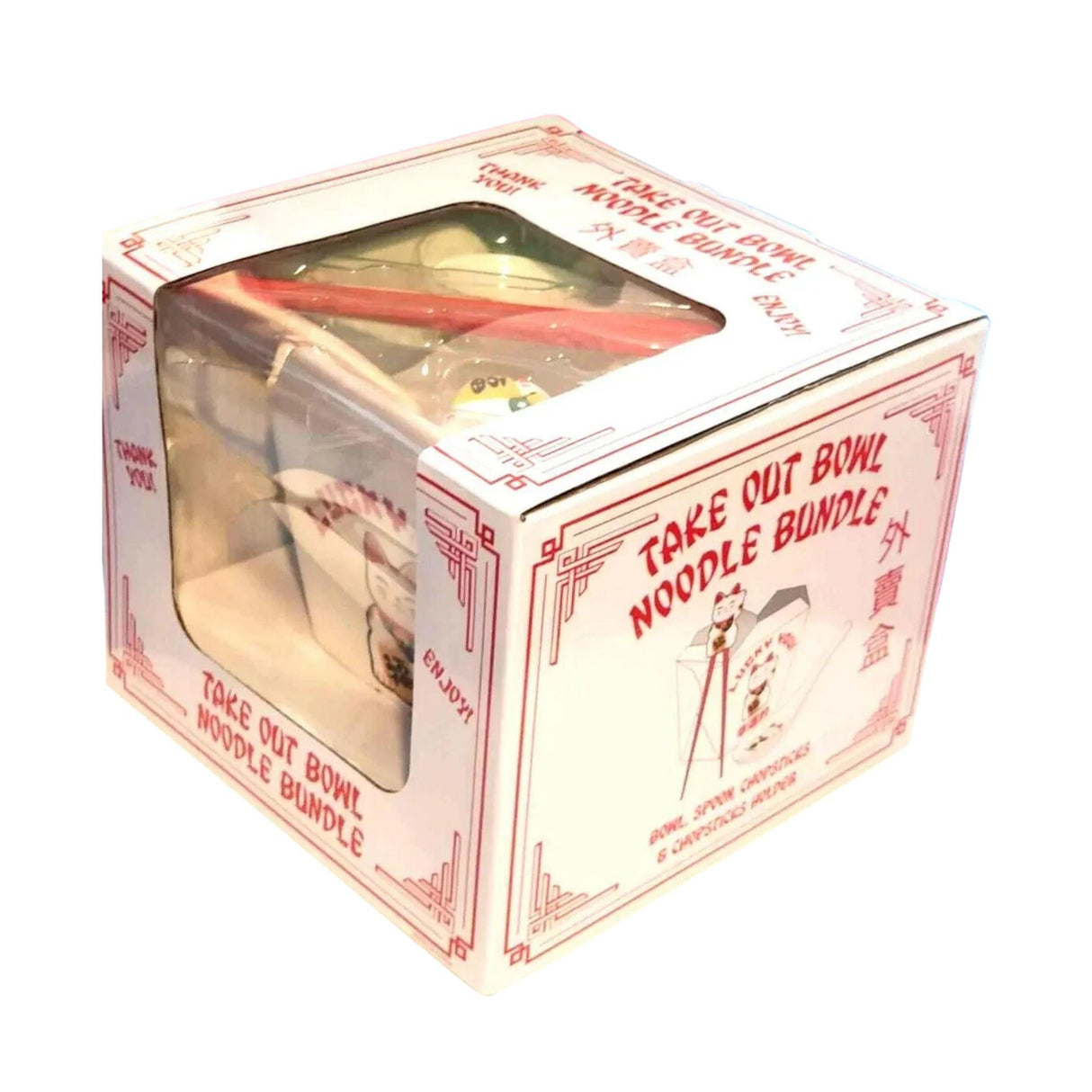 Lucky Cat You, Takeout Box Style Ceramic Bowl With Chopsticks 18 oz Square Box