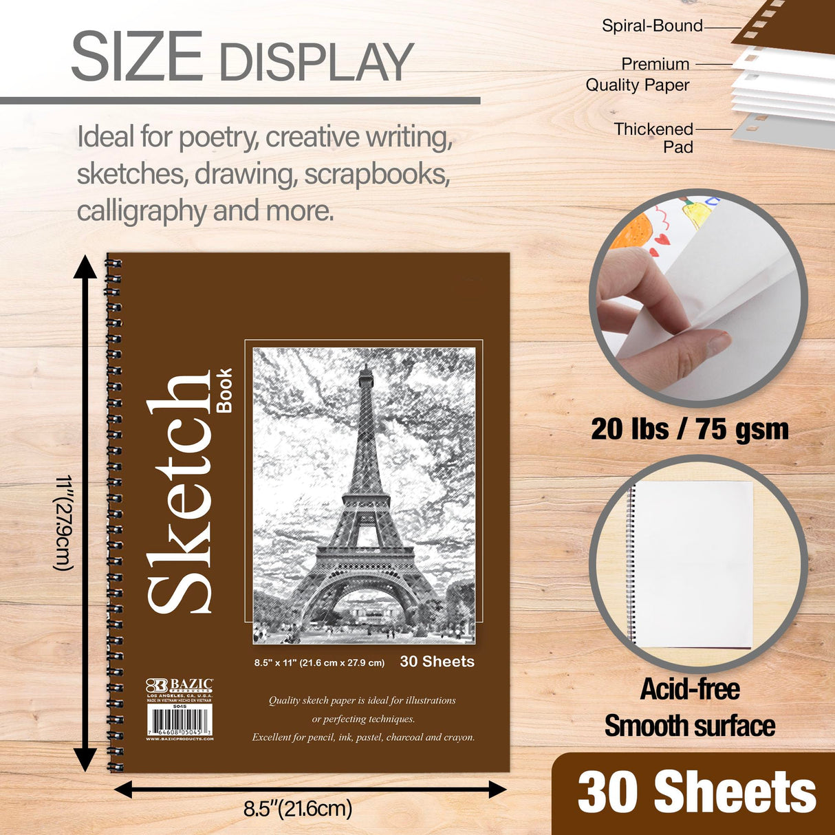 BAZIC Sketch Book 8.5" X 11", Spiral Side Bound Sketchbook Drawing Pad - 30 sheets