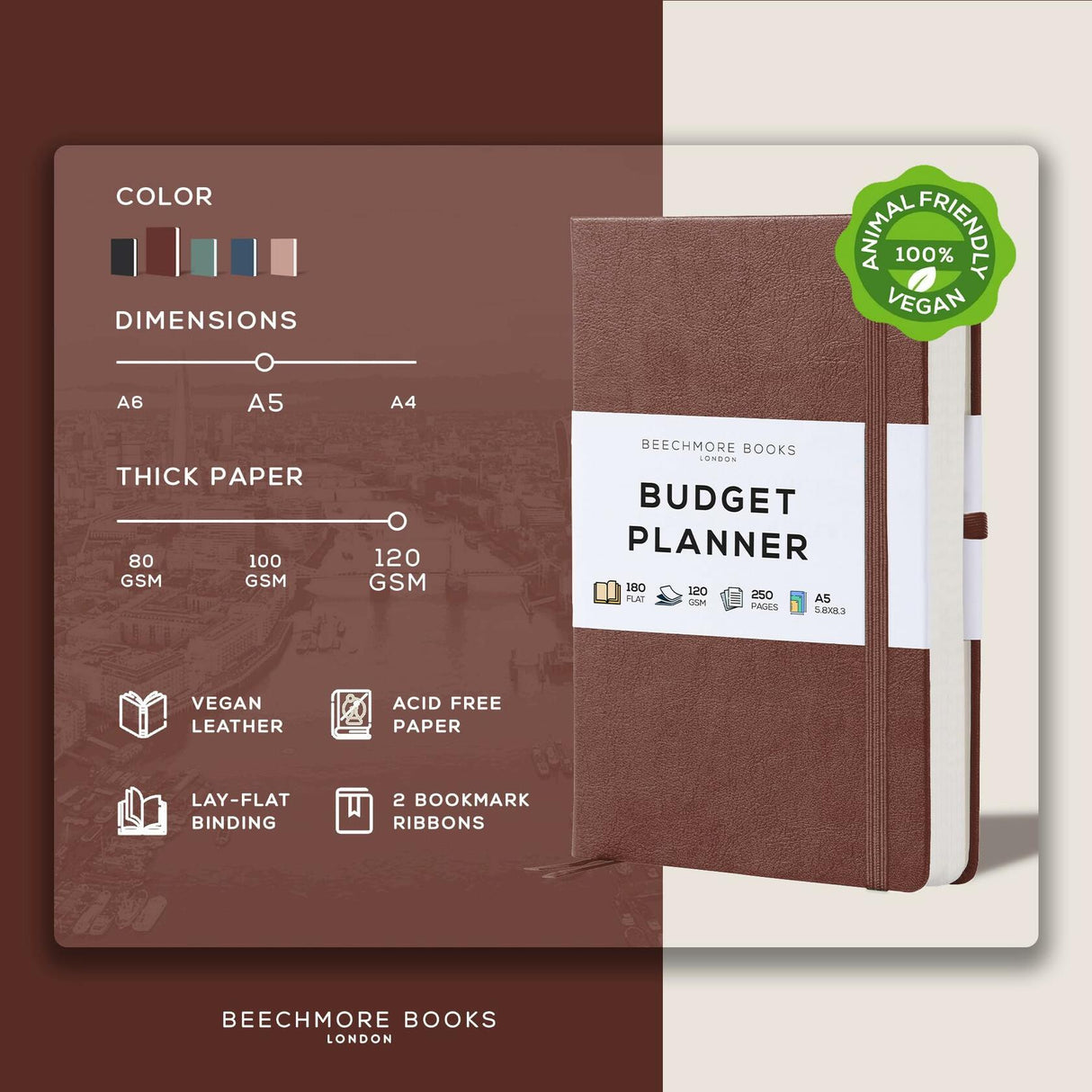 BEECHMORE BOOKS Budget Planner -  Chestnut Brown.