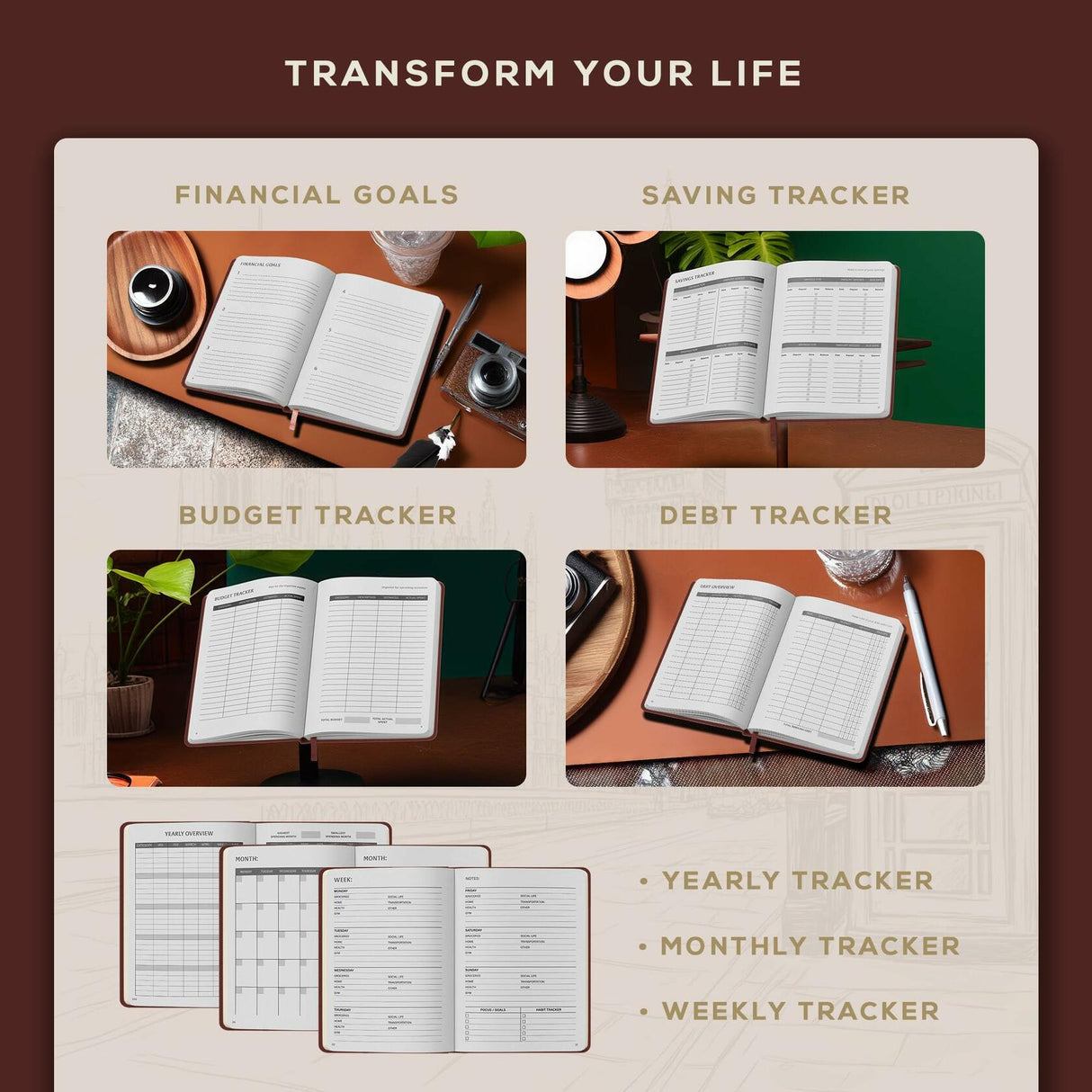 BEECHMORE BOOKS Budget Planner -  Chestnut Brown.