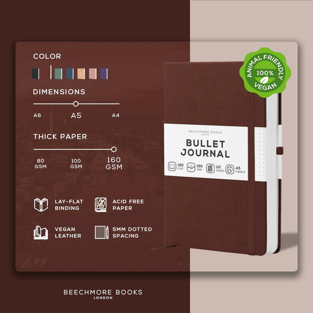 BEECHMORE BOOKS Dotted Journal Bullet Notebook - Chestnut Brown.