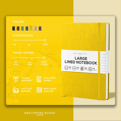 BEECHMORE BOOKS Large Lined Leather Journal - 8.5 x 11.5 inch - Yellow