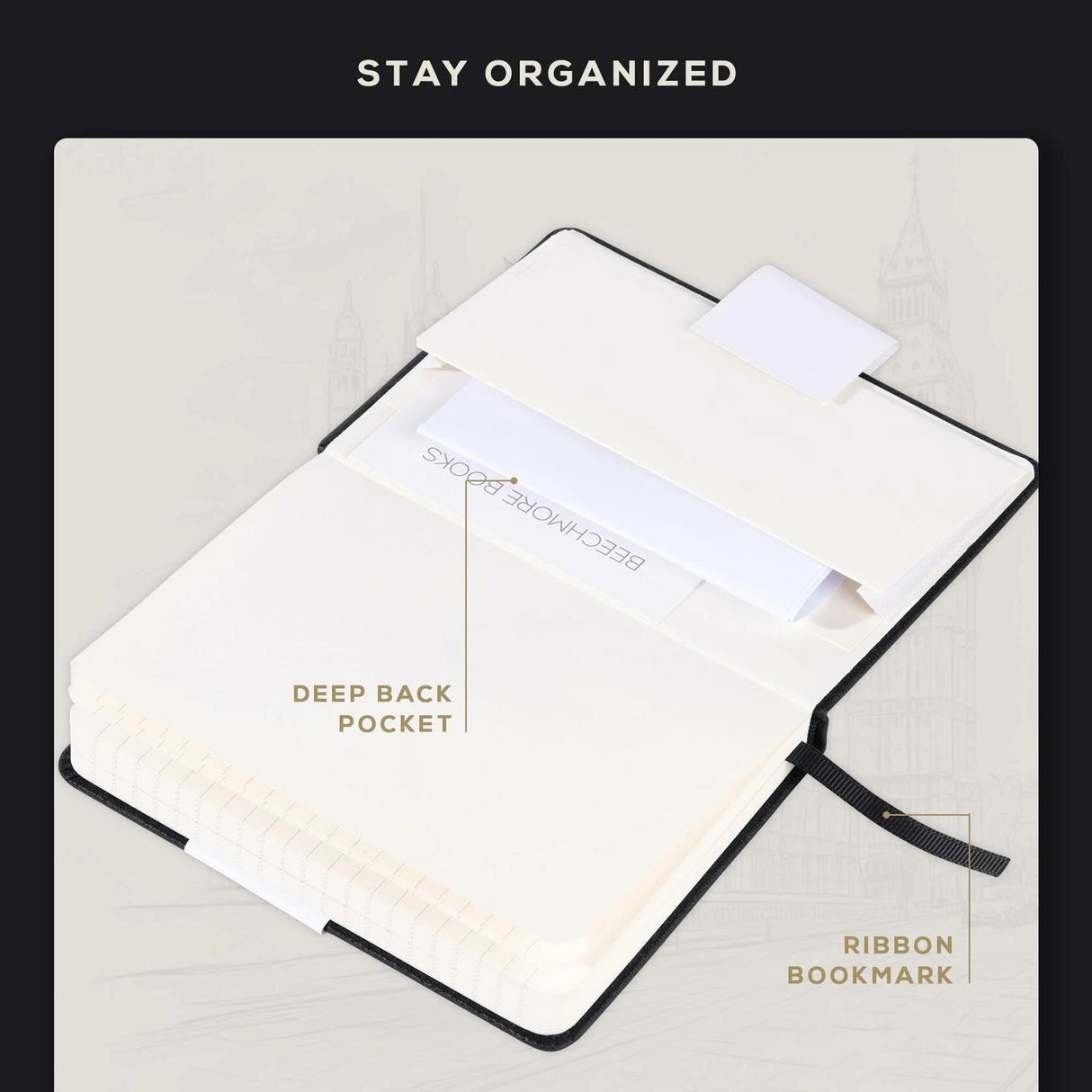 BEECHMORE BOOKS Lined Vegan Leather Journal Notebook - Charcoal Black.