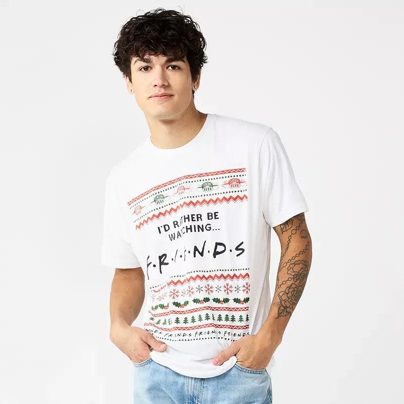 Christmas "I'd Rather Be Watching Friends" White Graphic T-Shirt