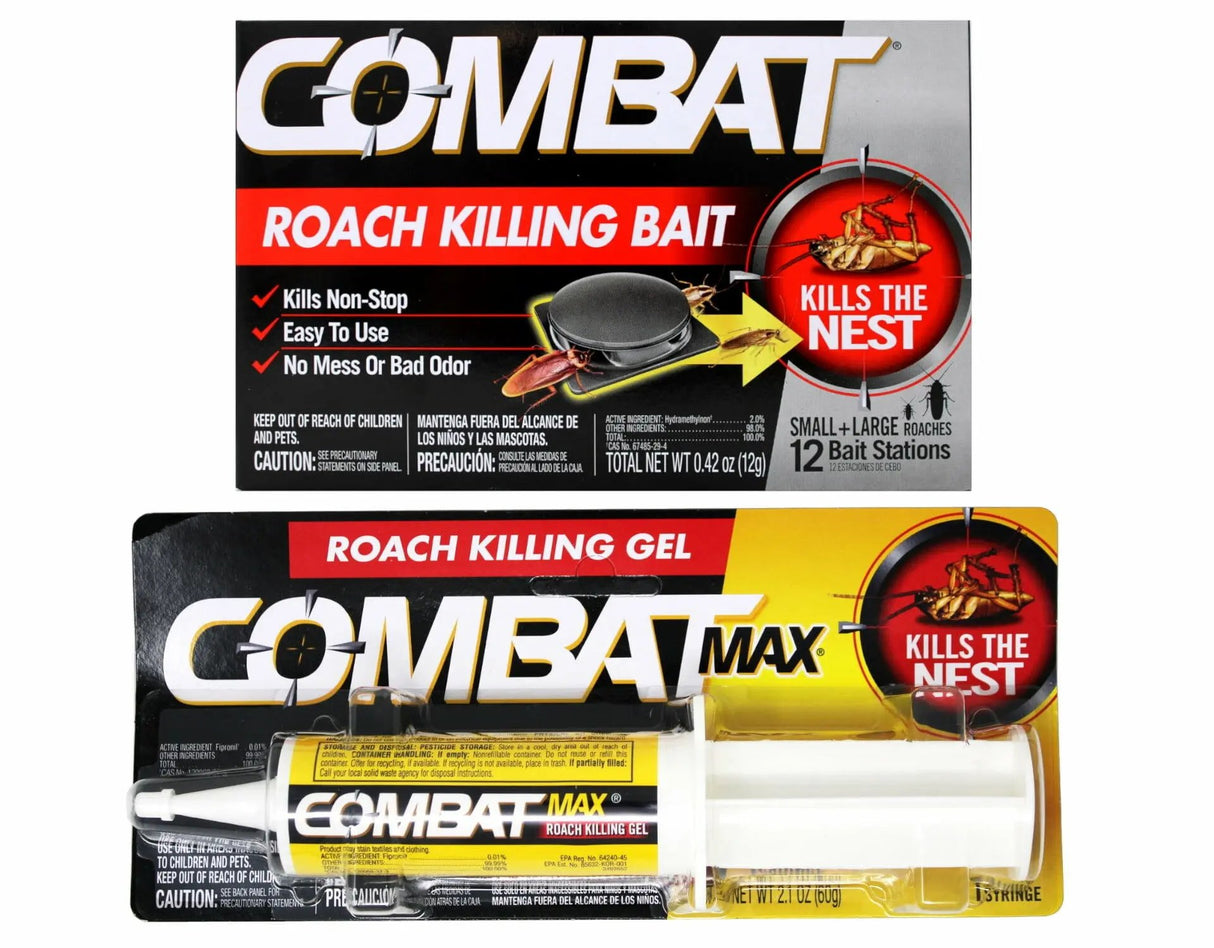 Combat Max Roach Killing Gel Syringe Indoor and Outdoor Use Syringe, 2.1 Oz & Combat Roach Killing Bait Stations for Small and Large Roaches, 12 Count 