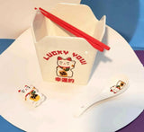 Lucky Cat You, Takeout Box Style Ceramic Bowl With Chopsticks 18 oz Square Box