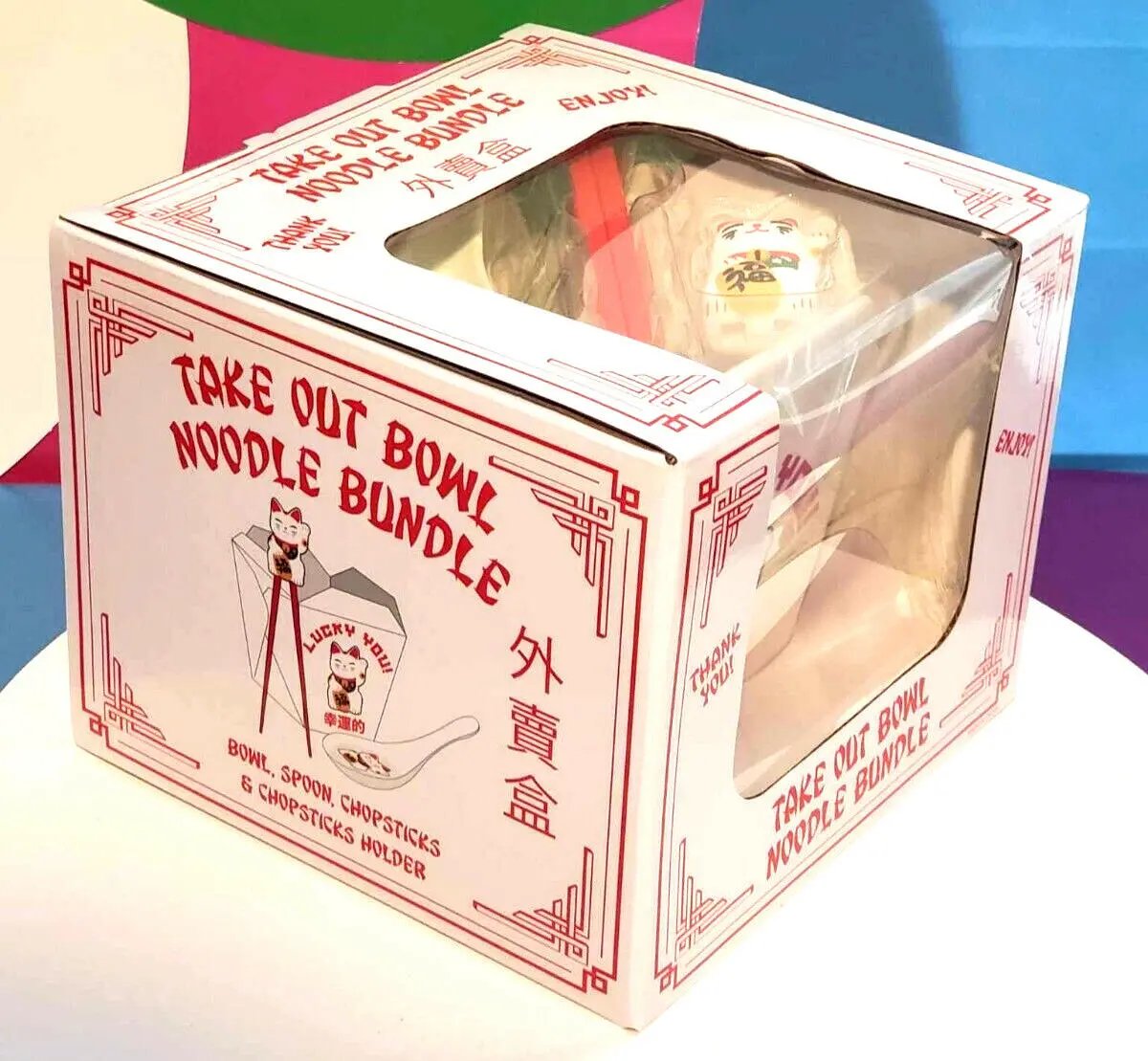 Lucky Cat You, Takeout Box Style Ceramic Bowl With Chopsticks 18 oz Square Box