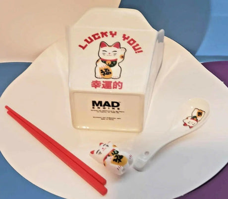 Lucky Cat You, Takeout Box Style Ceramic Bowl With Chopsticks 18 oz Square Box