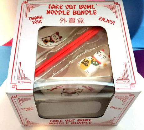 Lucky Cat You, Takeout Box Style Ceramic Bowl With Chopsticks 18 oz Square Box