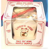Lucky Cat You, Takeout Box Style Ceramic Bowl With Chopsticks 18 oz Square Box