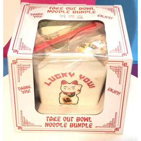 Lucky Cat You, Takeout Box Style Ceramic Bowl With Chopsticks 18 oz Square Box