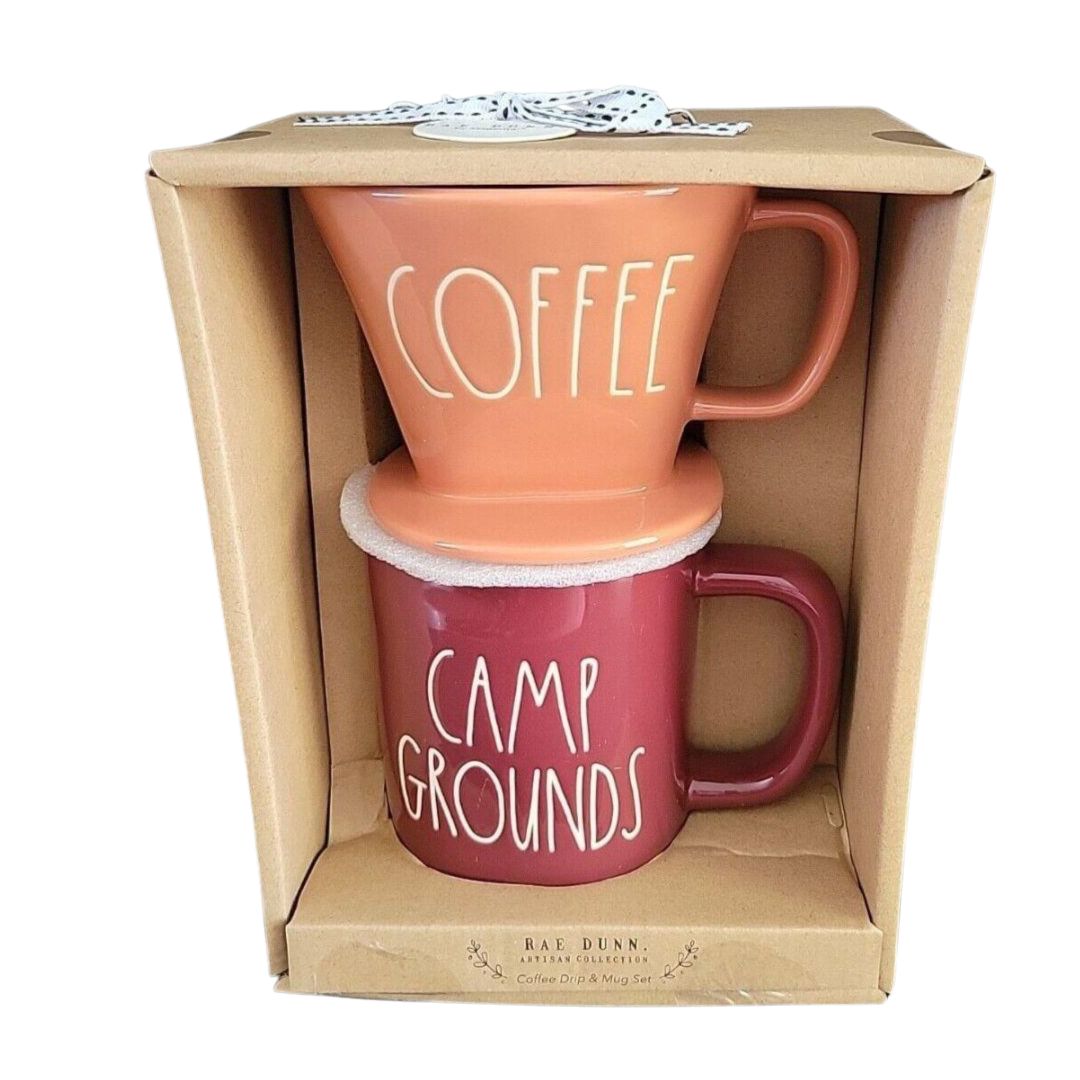 Rae Dunn "Camp Grounds" Ceramic Coffee Pour Over Drip & Mug Set.
