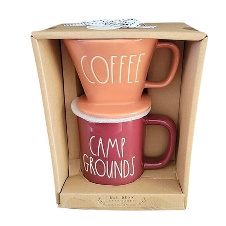 Rae Dunn "Camp Grounds" Ceramic Coffee Pour Over Drip & Mug Set.