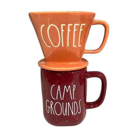 Rae Dunn "Camp Grounds" Ceramic Coffee Pour Over Drip & Mug Set.
