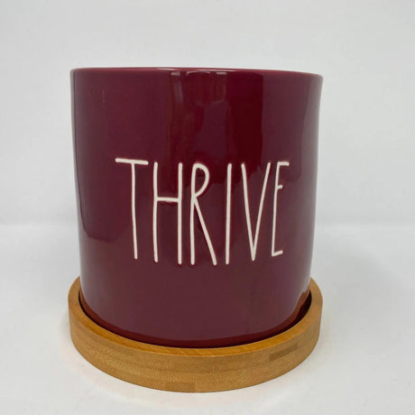Rae Dunn Thrive Artisan Ceramic Planter Pot W/Wood Base