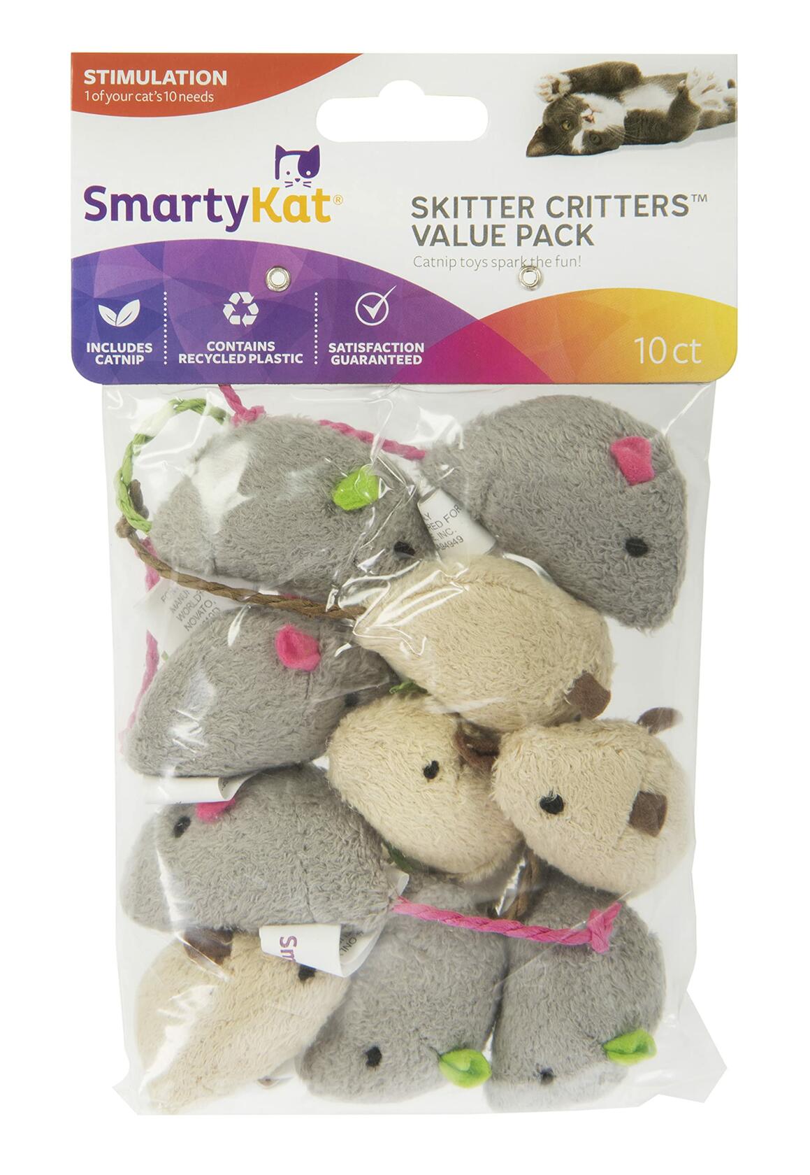SmartyKat Skitter Critters Catnip Cat Toys - Gray/Cream, 3 Count.