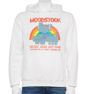 White hoodie with Woodstock graphic design on a white background