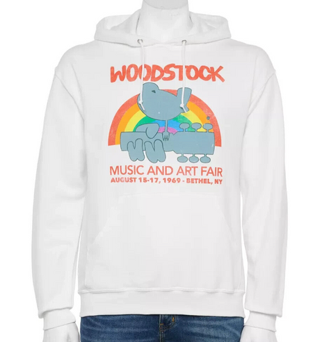 White hoodie with Woodstock graphic design on a white background