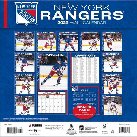 New York Rangers 2026 12X12 Team Wall Calendar