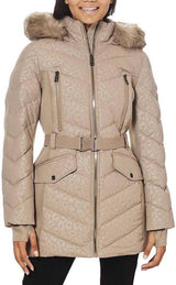 Michael Kors Women Logo Leopard Belted Removable Hood Puffer Coat Taupe - Medium