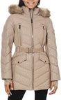 Michael Kors Women Logo Leopard Belted Removable Hood Puffer Coat Taupe - Medium