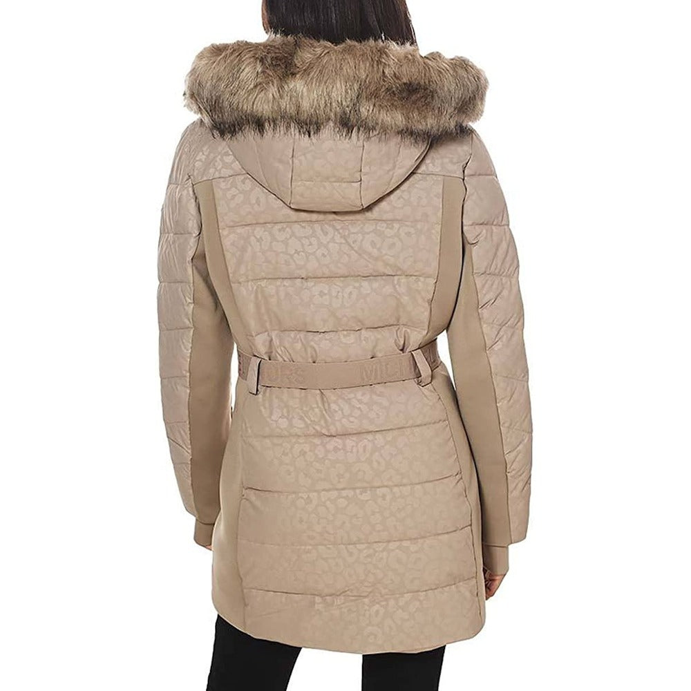 Michael Kors Women Logo Leopard Belted Removable Hood Puffer Coat Taupe - Medium