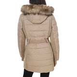 Michael Kors Women Logo Leopard Belted Removable Hood Puffer Coat Taupe - Medium