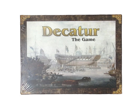 Board game box titled 'Decatur: The Game' with a ship illustration on a black background