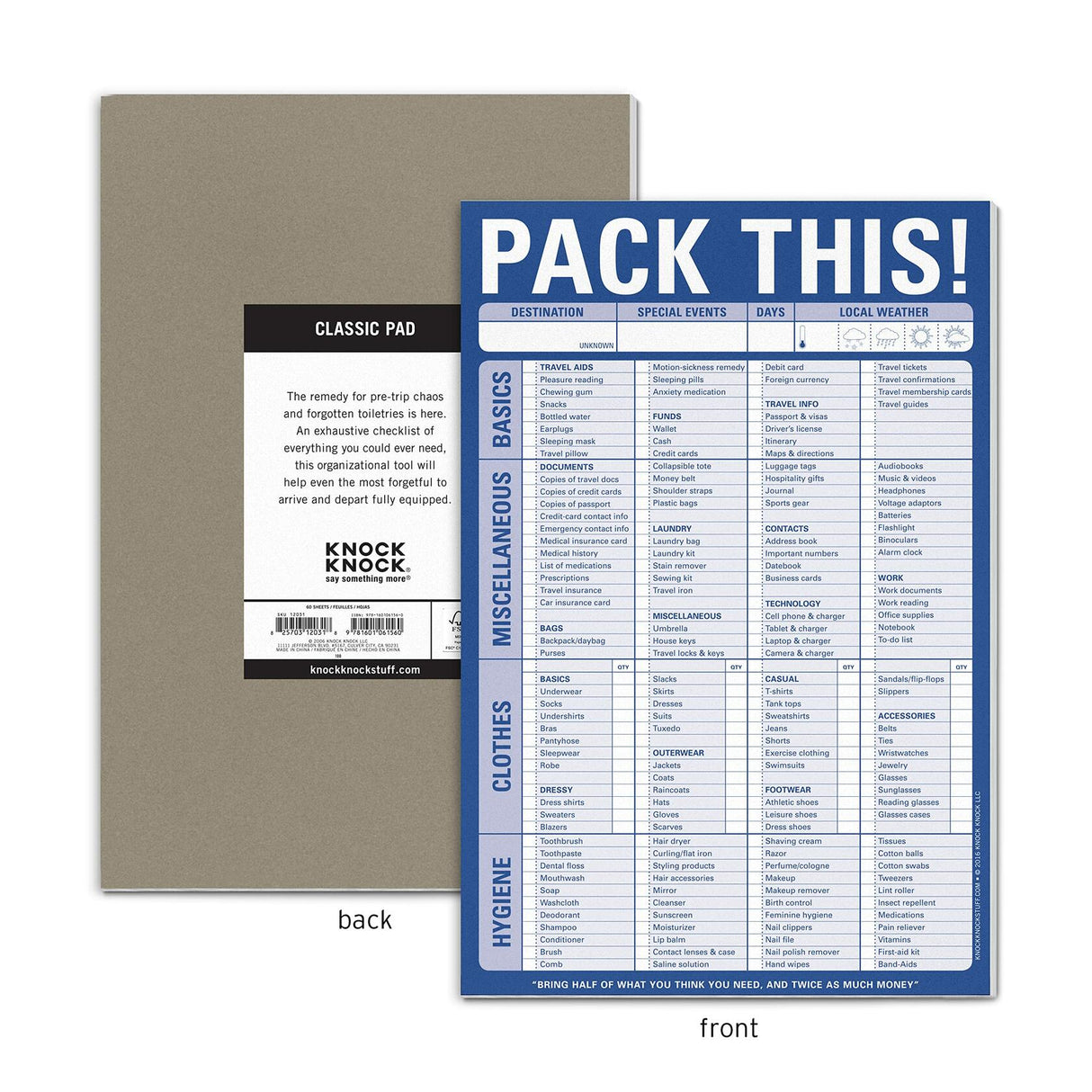 Knock Knock Pack This! Pad Packing List Notepad, 6 x 9-inches 